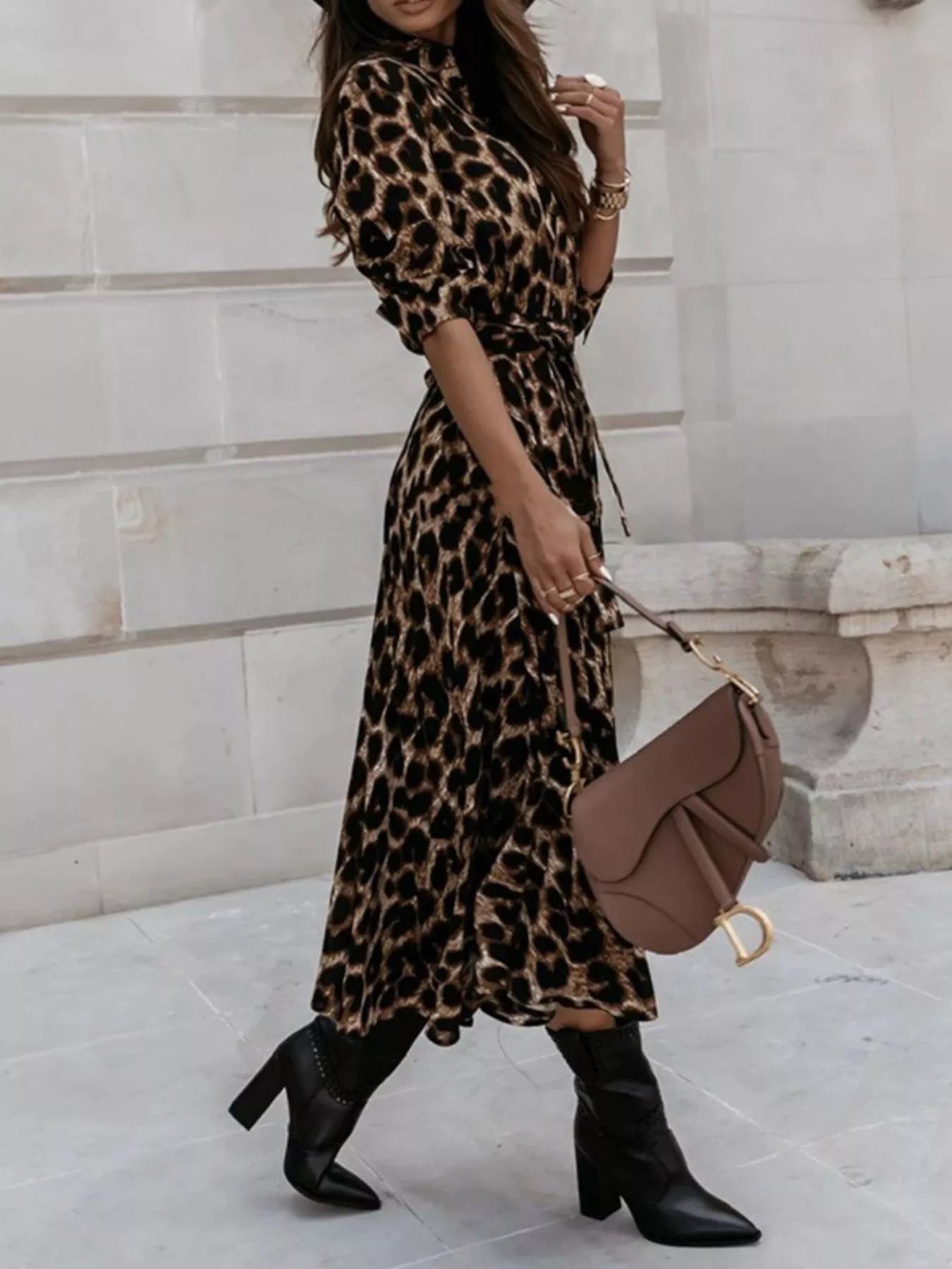 Leopard-print belted button-down midi dress with side slit and collared neckline