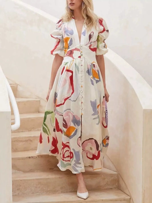 White abstract print midi dress with puff sleeves, V-neck, button front