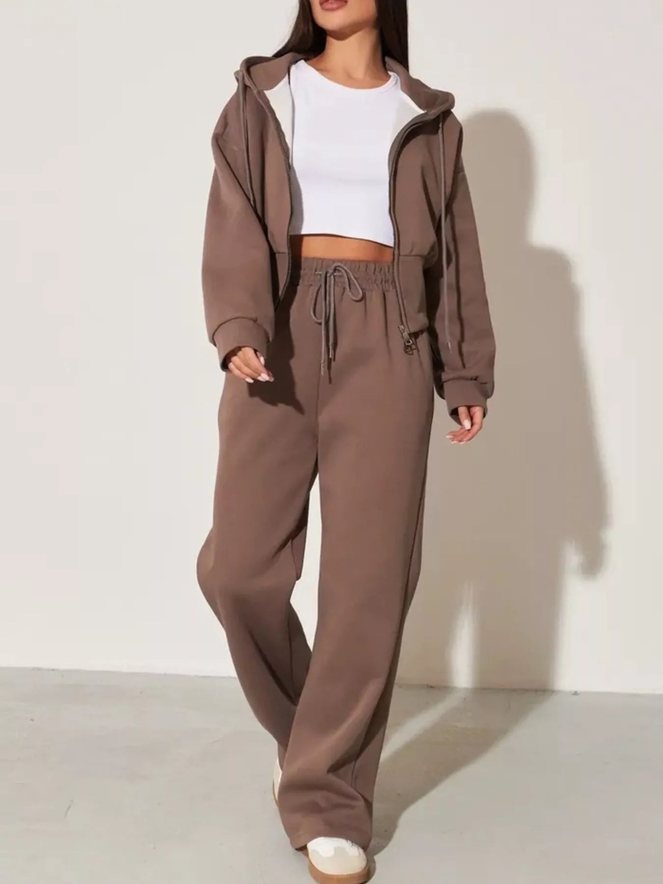 Brown zip-up hoodie and wide-leg pants set with hood, front zipper, drawstring waist