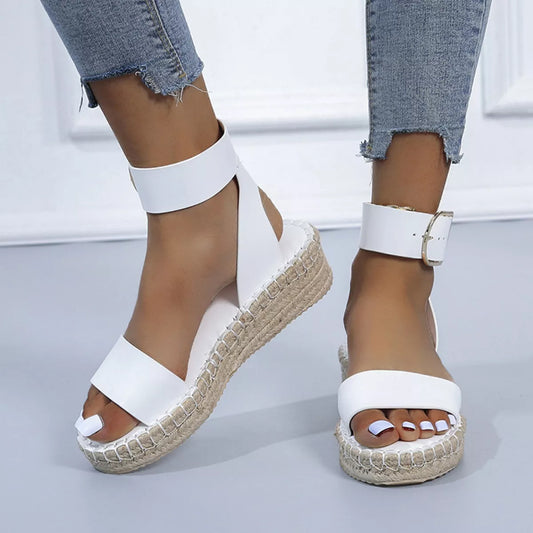 White open-toe espadrille sandals with ankle strap and crisscross toe strap