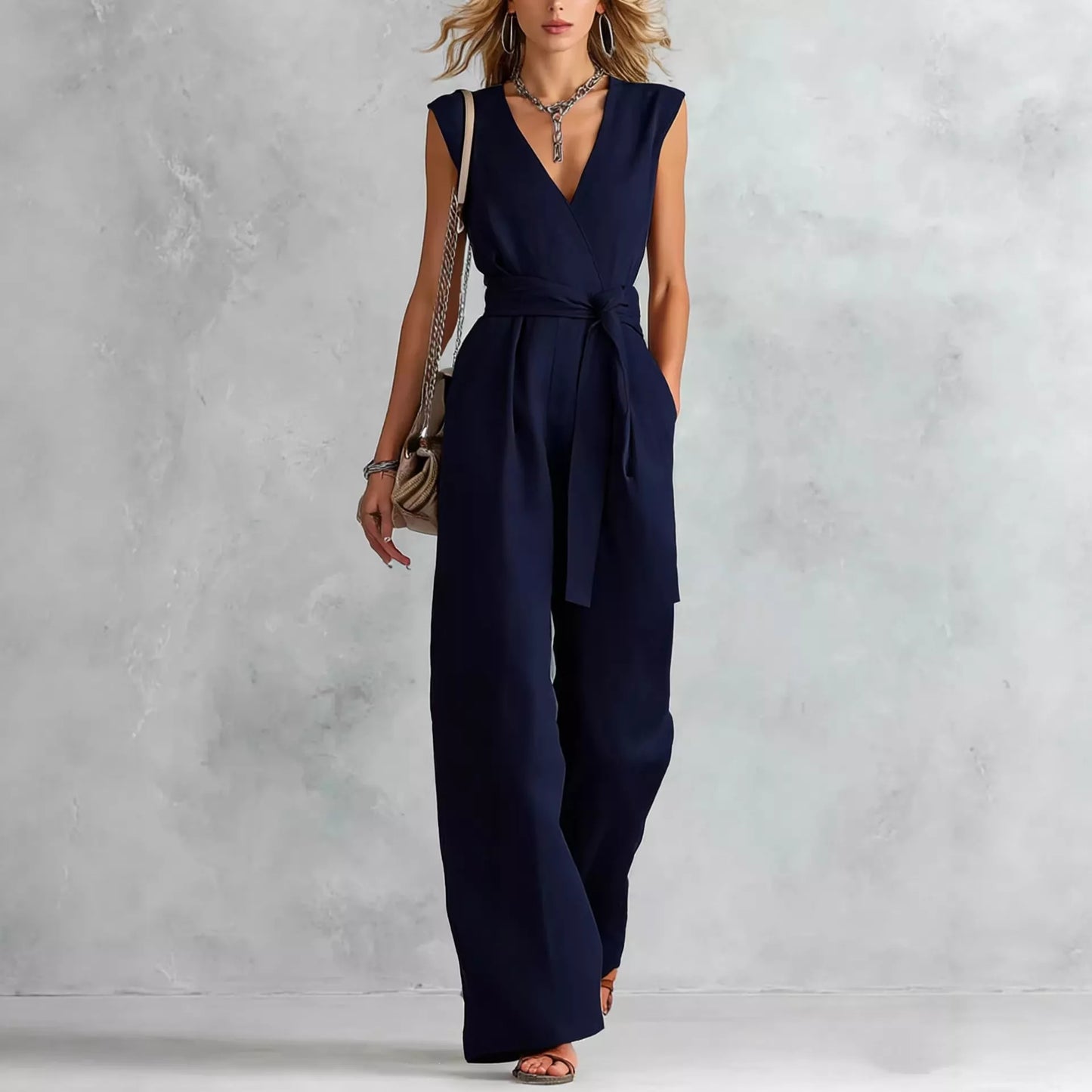 Navy sleeveless wide-leg jumpsuit with V-neck and tied waist belt