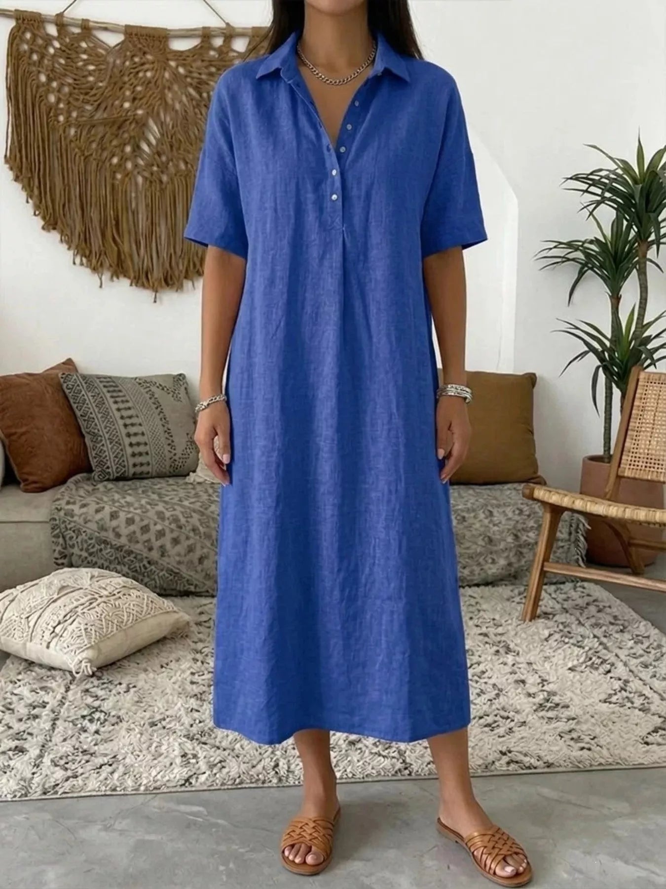 Blue plus-size button-front midi dress with collared short sleeves