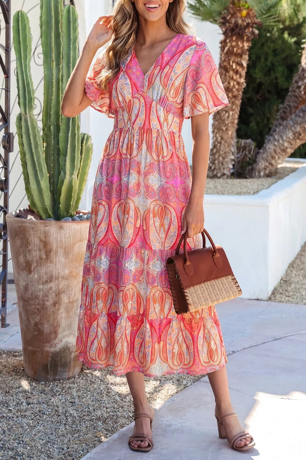 Burnt coral paisley V-neck boho dress with short ruffle sleeves and tiered skirt