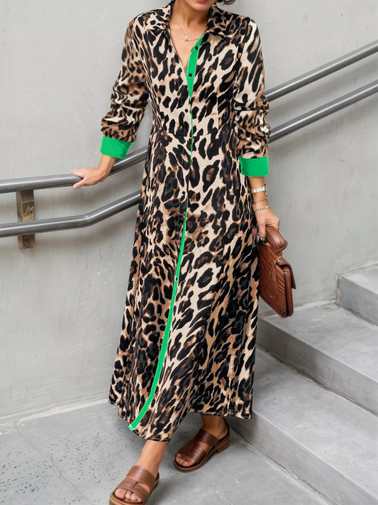 Leopard print long sleeve shirt dress with green contrast trim and button placket