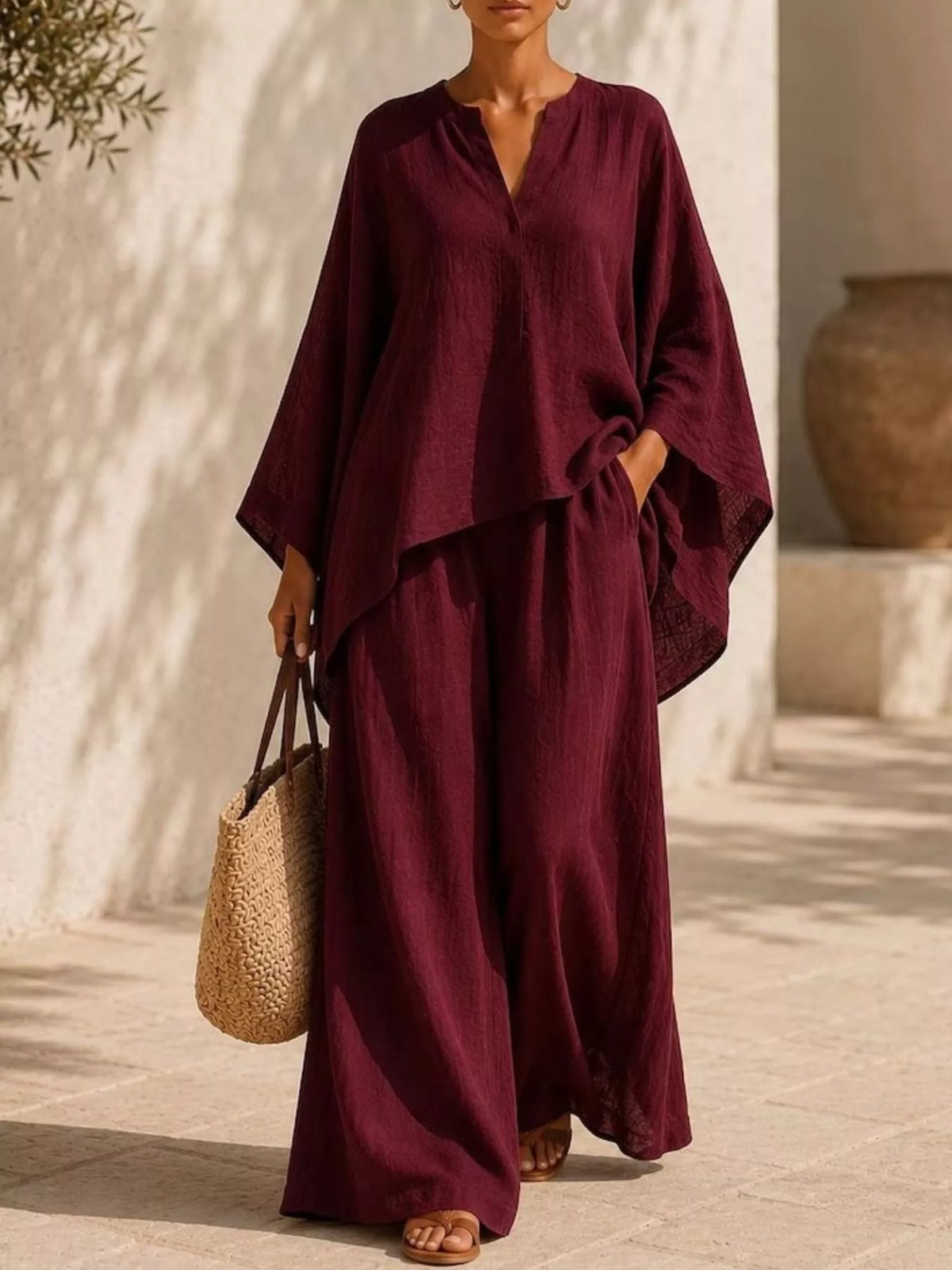 Burgundy long-sleeve notched V-neck top and wide-leg pants set, side knot detail