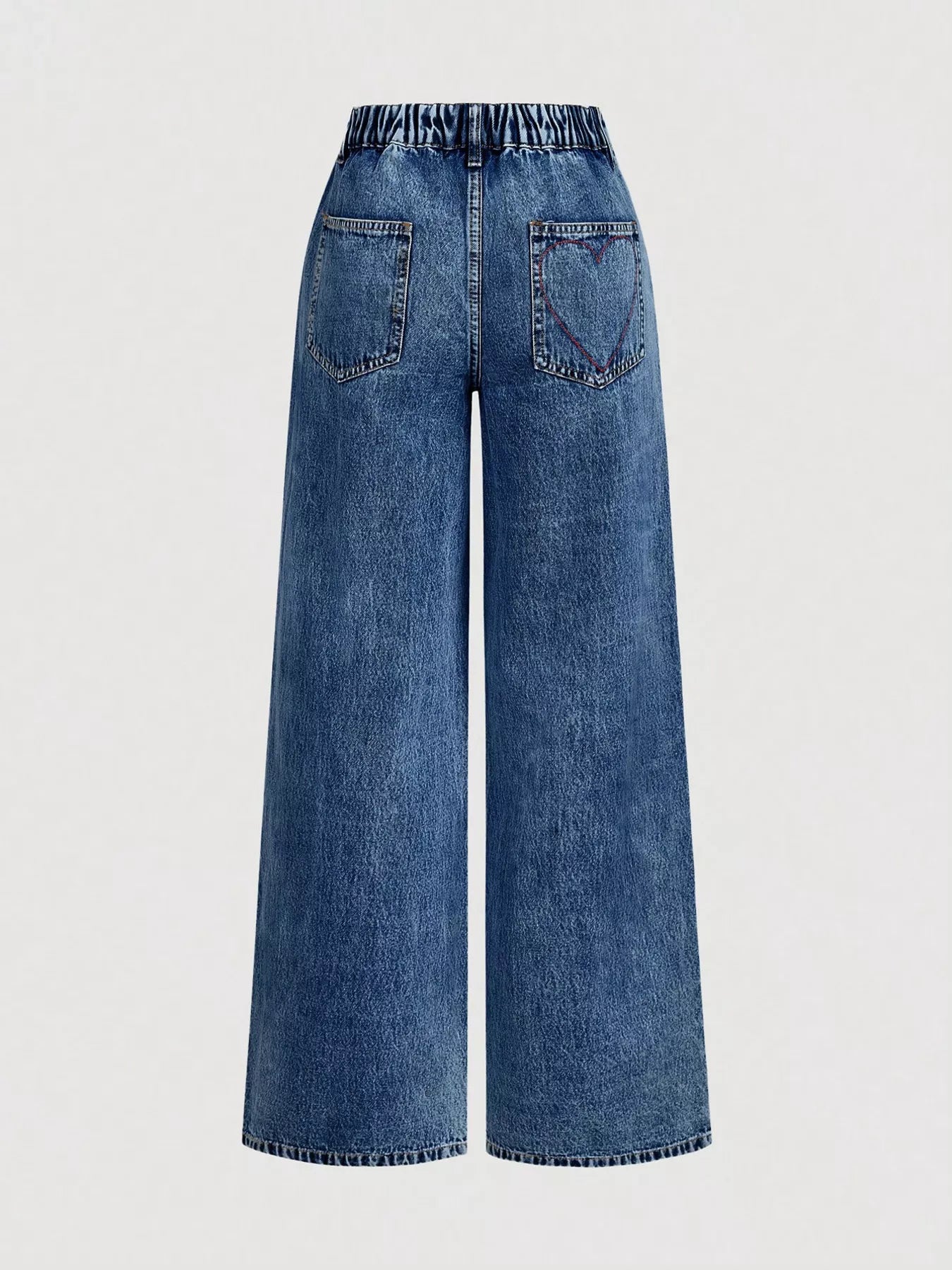 Dark blue wide-leg jeans, back view with rear pockets and small heart embroidery
