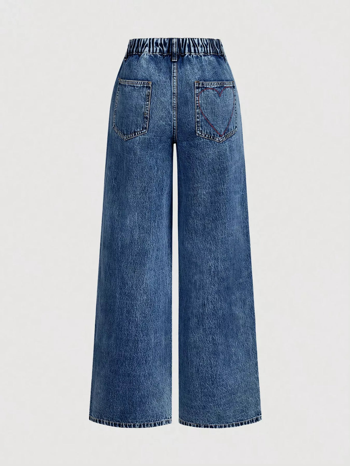 Dark blue wide-leg jeans, back view with rear pockets and small heart embroidery