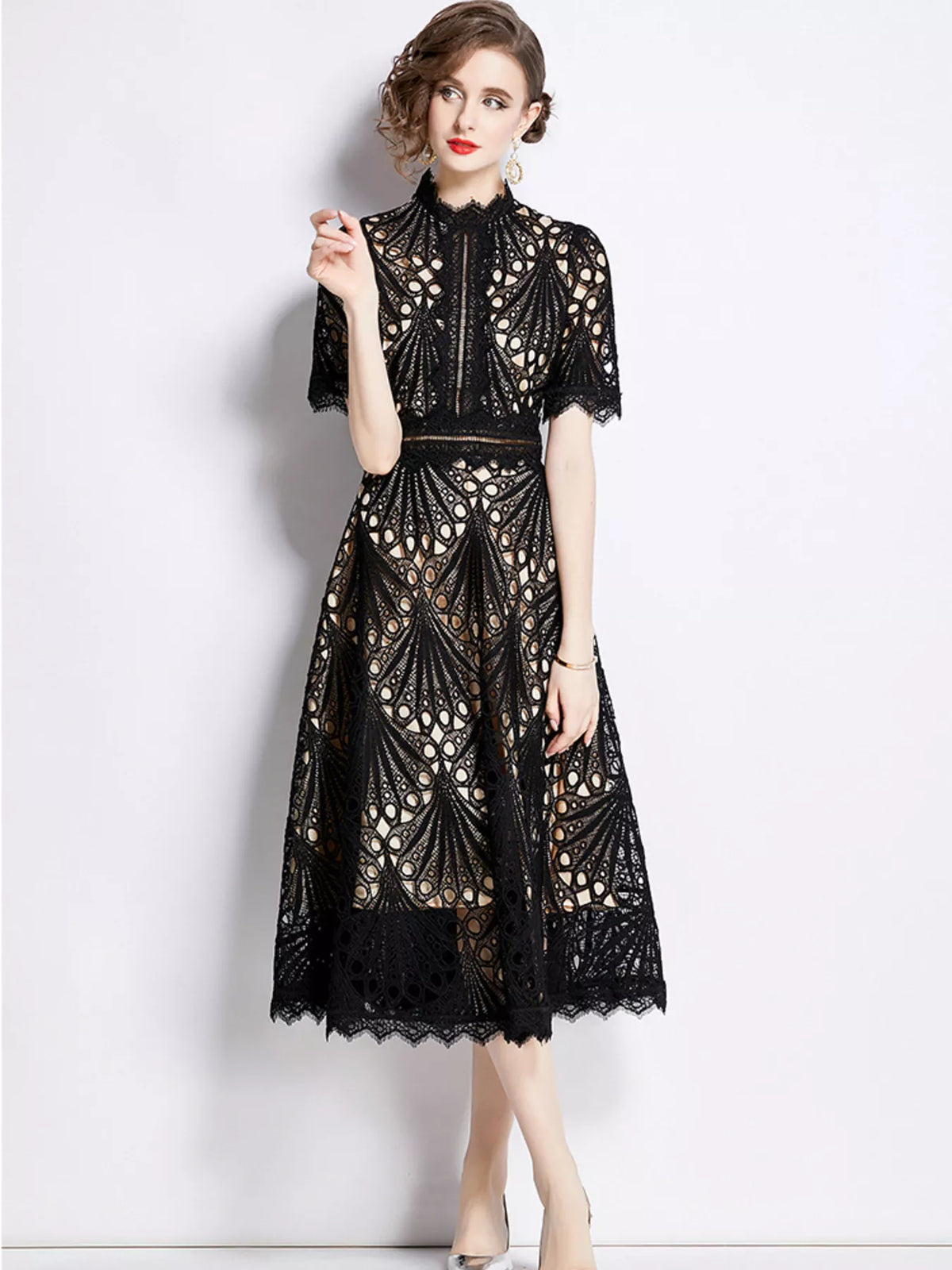 Plus-size lace short-sleeve midi dress in black with high lace collar and fitted waistband