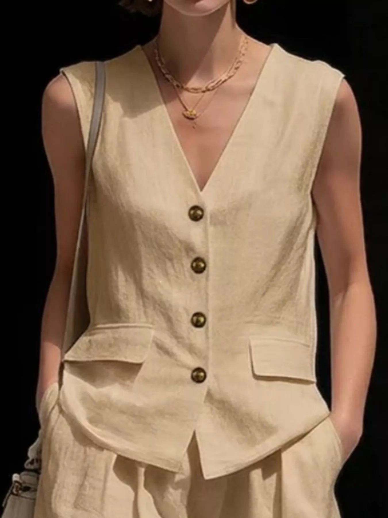 Khaki sleeveless vest and shorts set, V-neck button front with chest patch pocket