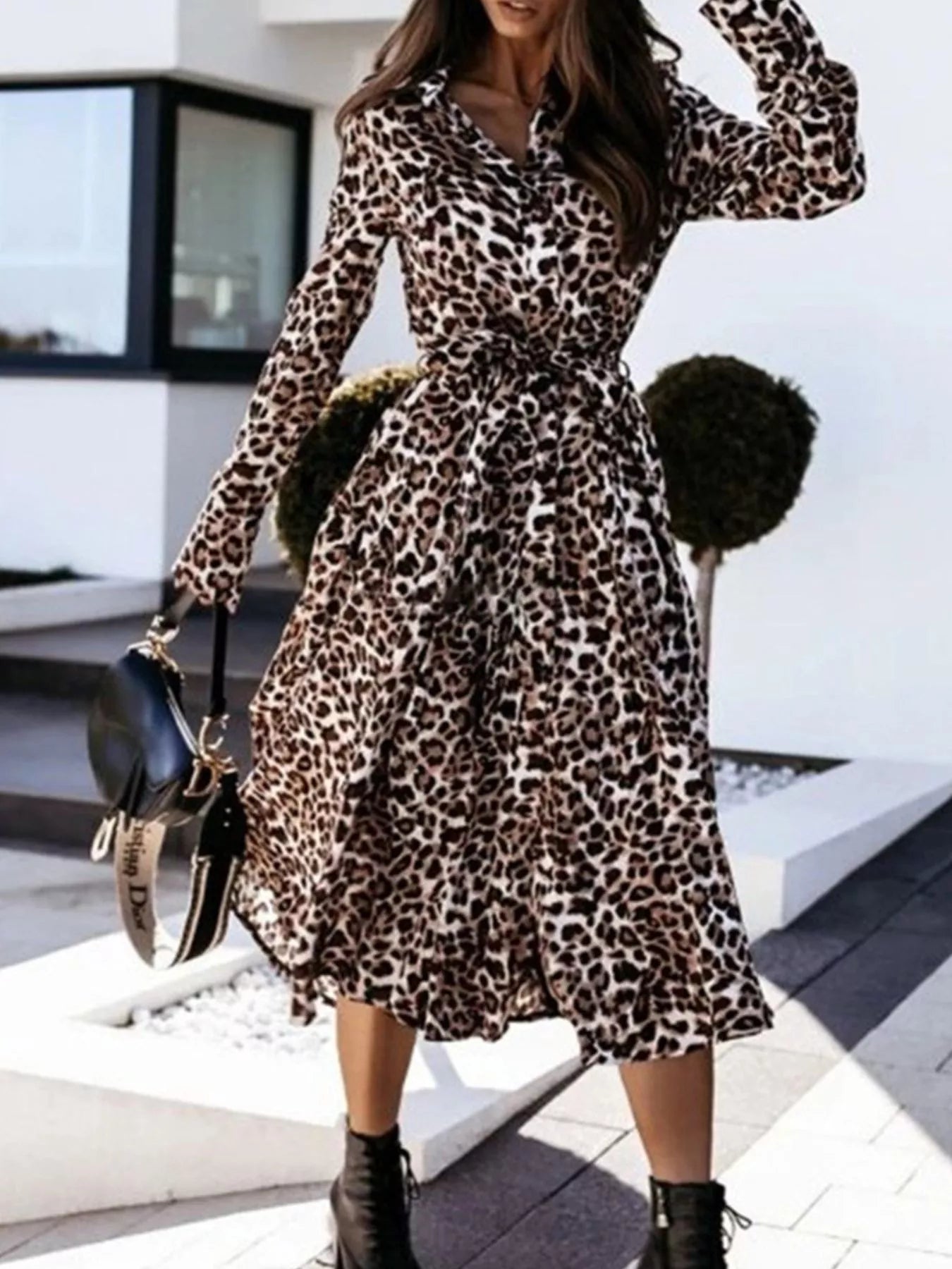 Leopard-print belted button-down midi dress with collared neckline and long sleeves