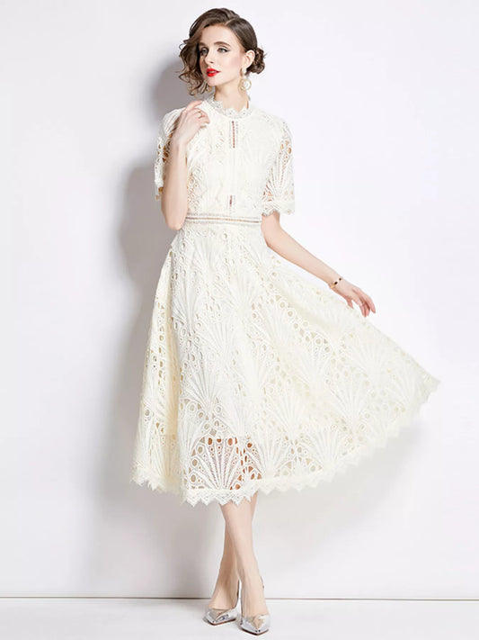 Plus-size lace short-sleeve midi dress in light cream, scalloped hem and fitted waist