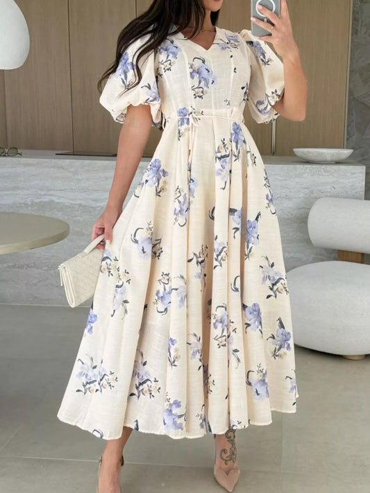 Floral puff-sleeve midi dress, cream with blue flower print and gathered waist