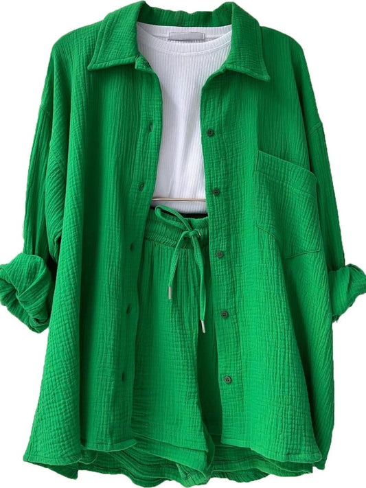 Textured button-up shirt & drawstring shorts set, green, button front, long sleeves.