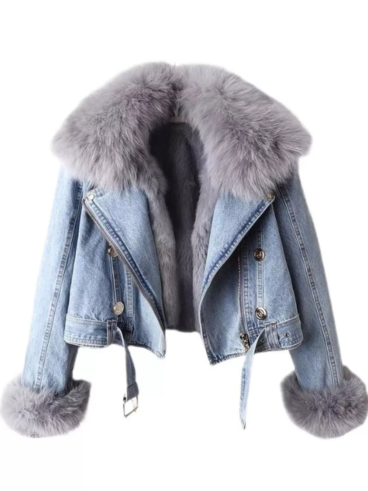 Light blue denim jacket with faux fur collar, buttoned pockets, and long fur cuffs.