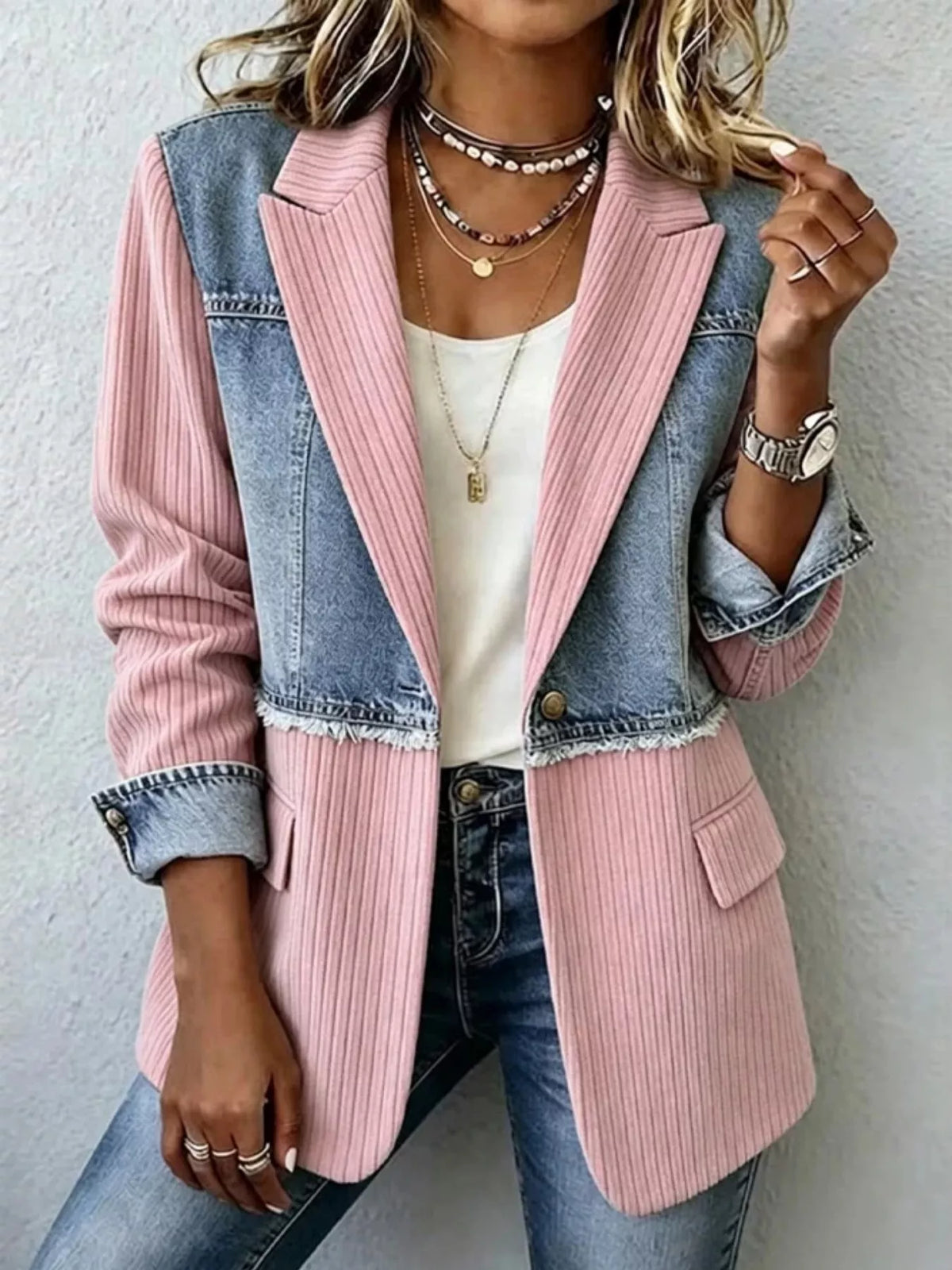 Blush pink ribbed denim patchwork blazer with notch lapels and side pocket