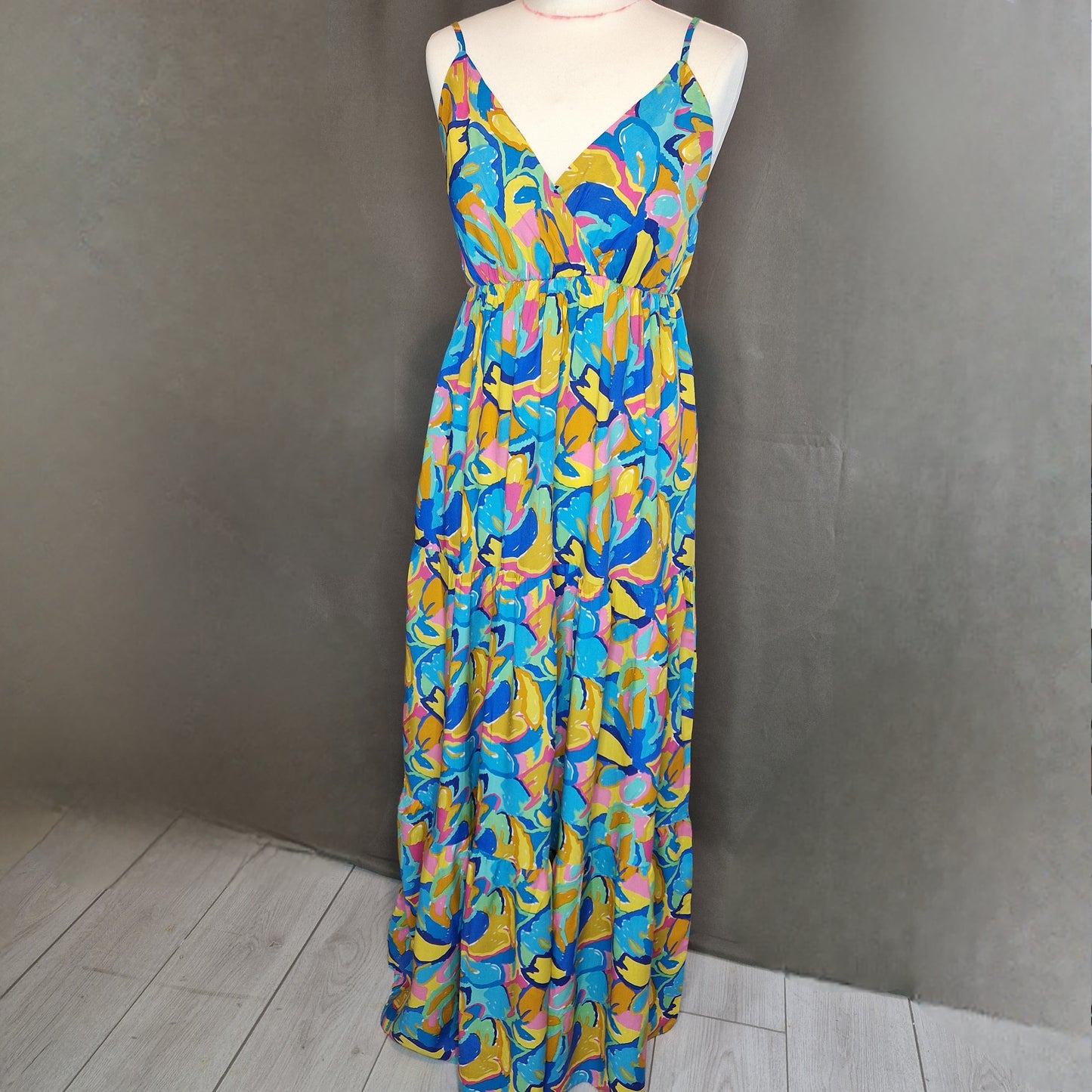 Blue Multicoloured Retro Print Wrap Tiered Dress