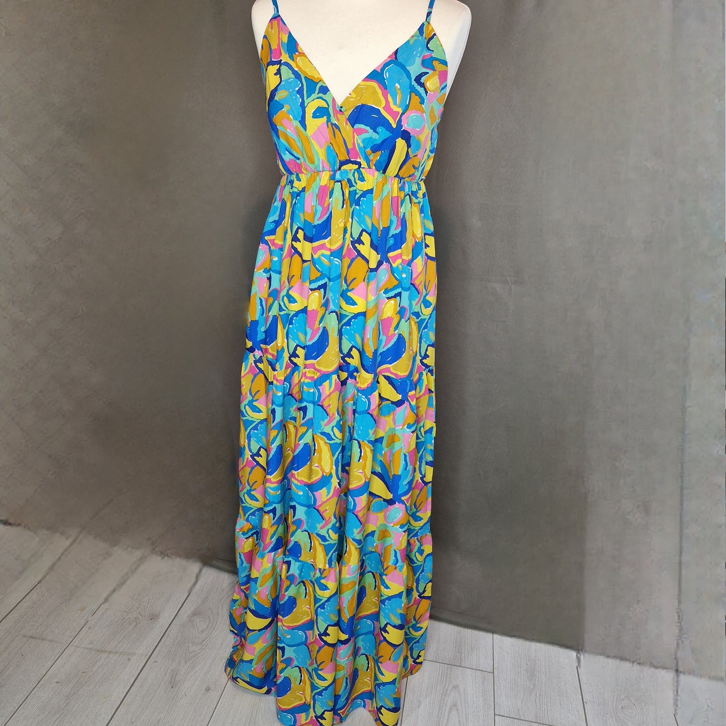 Blue Multicoloured Retro Print Wrap Tiered Dress