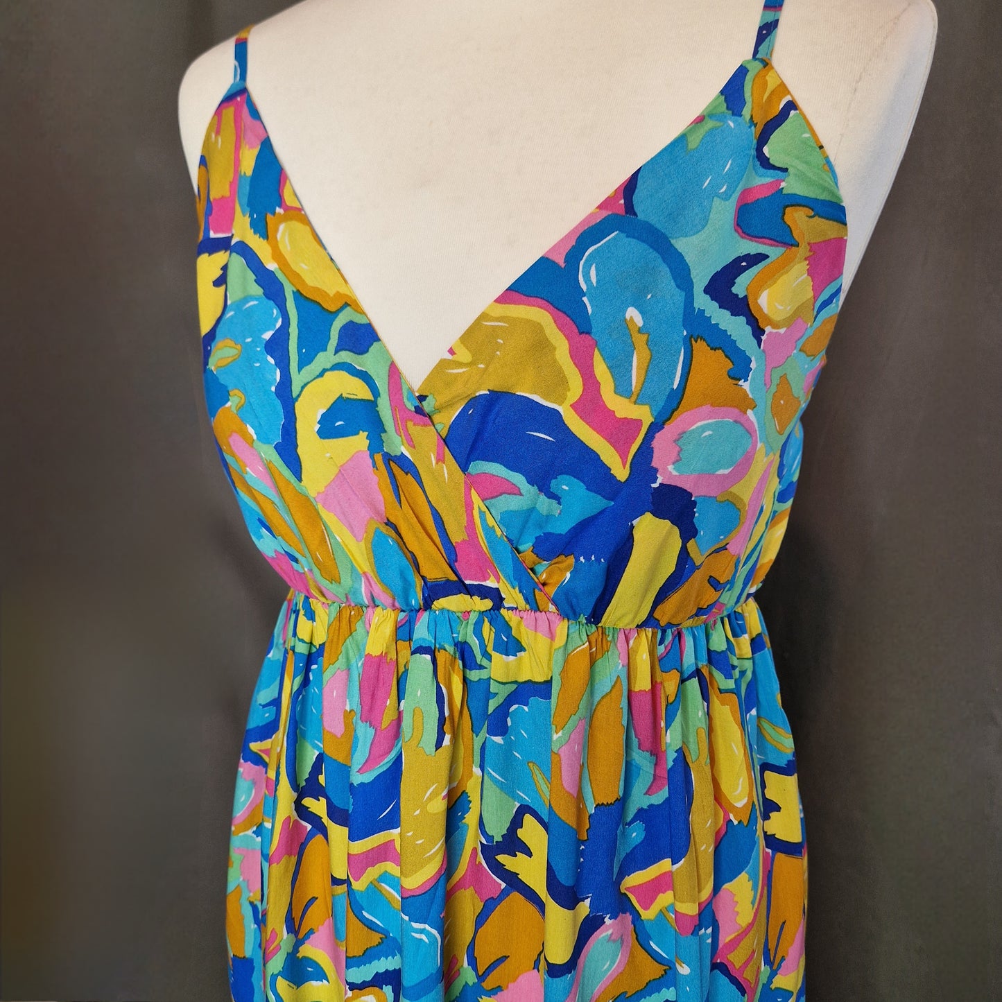 Blue Multicoloured Retro Print Wrap Tiered Dress