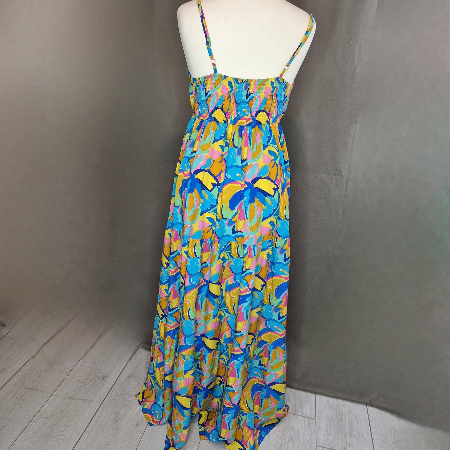 Blue Multicoloured Retro Print Wrap Tiered Dress