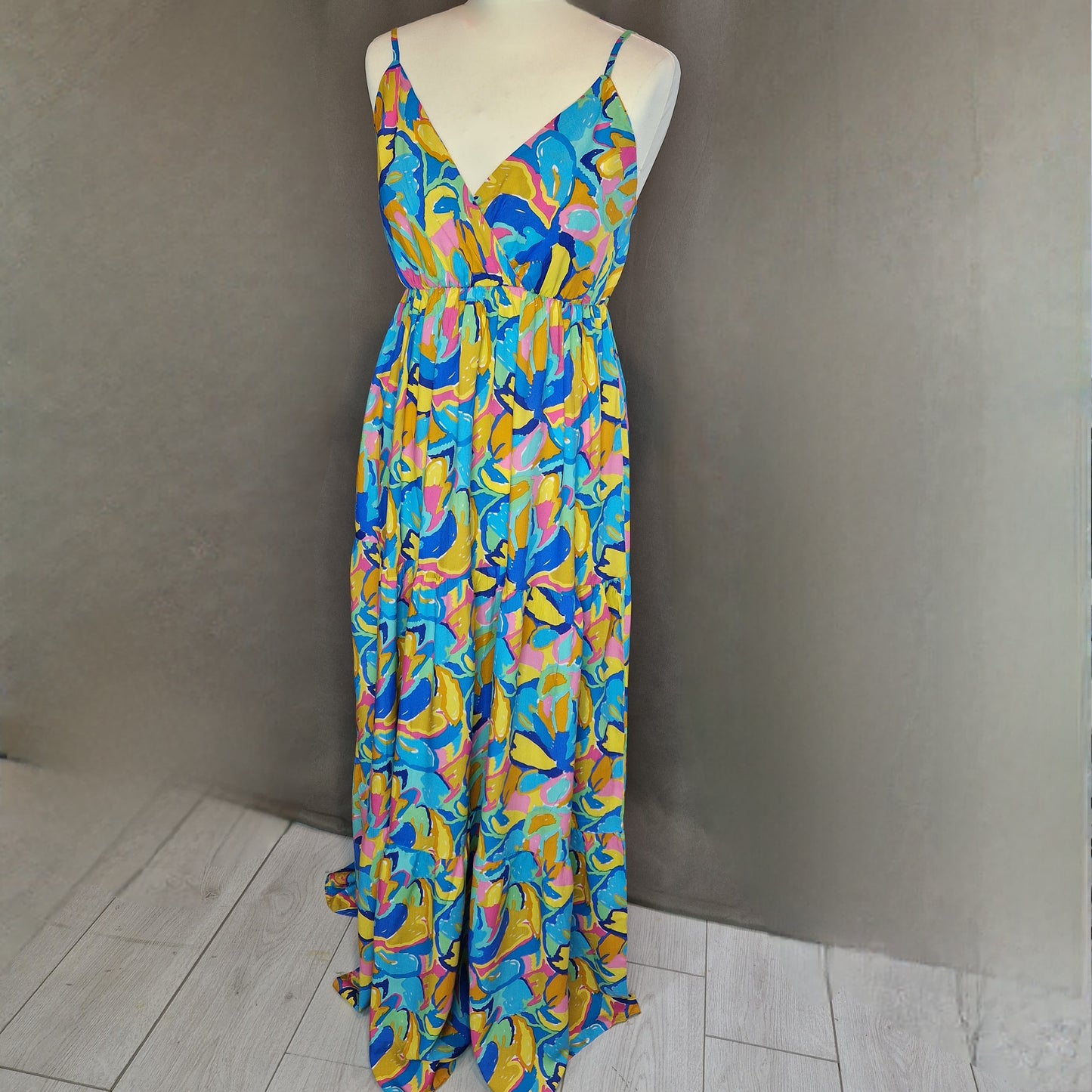 Blue Multicoloured Retro Print Wrap Tiered Dress