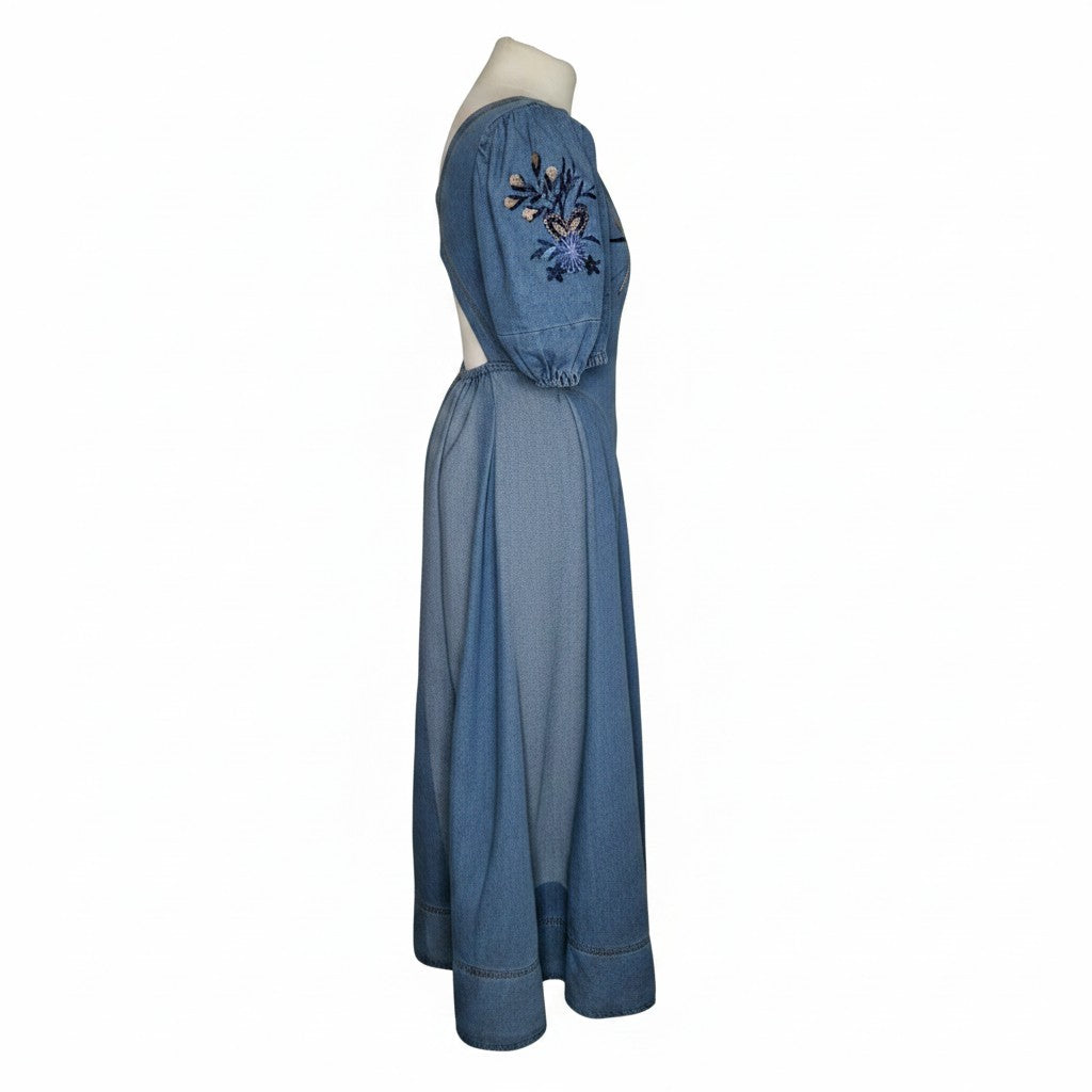 Women's Blue Denim Floral Embroidered Midi Dress with Pockets