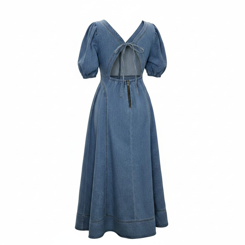 Women's Blue Denim Floral Embroidered Midi Dress with Pockets