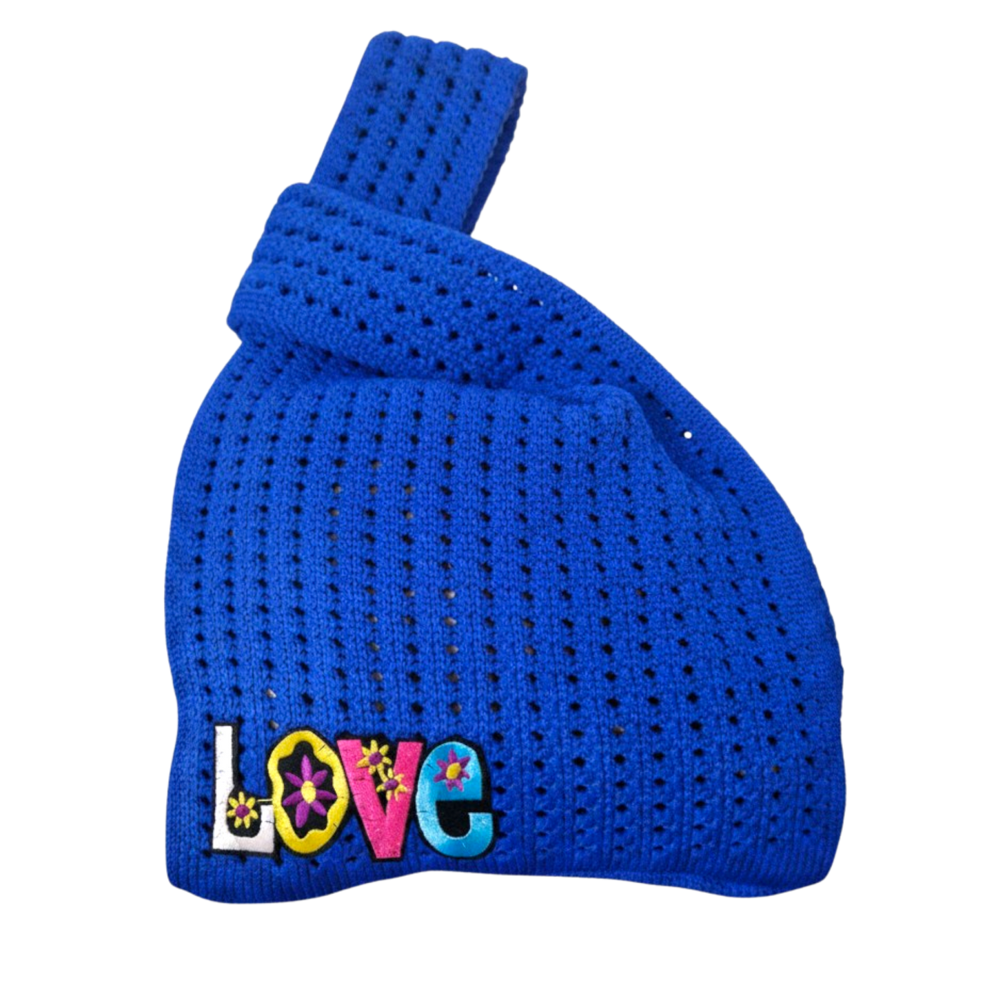 Bright blue crocheted knot wrist bag with colorful LOVE appliques on front