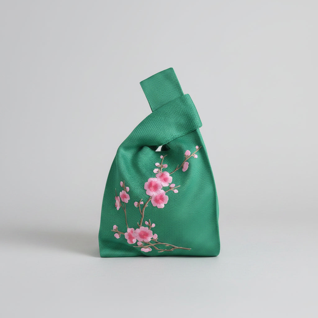Knot wrist bag in green with pink cherry blossom embroidery and knotted handle.