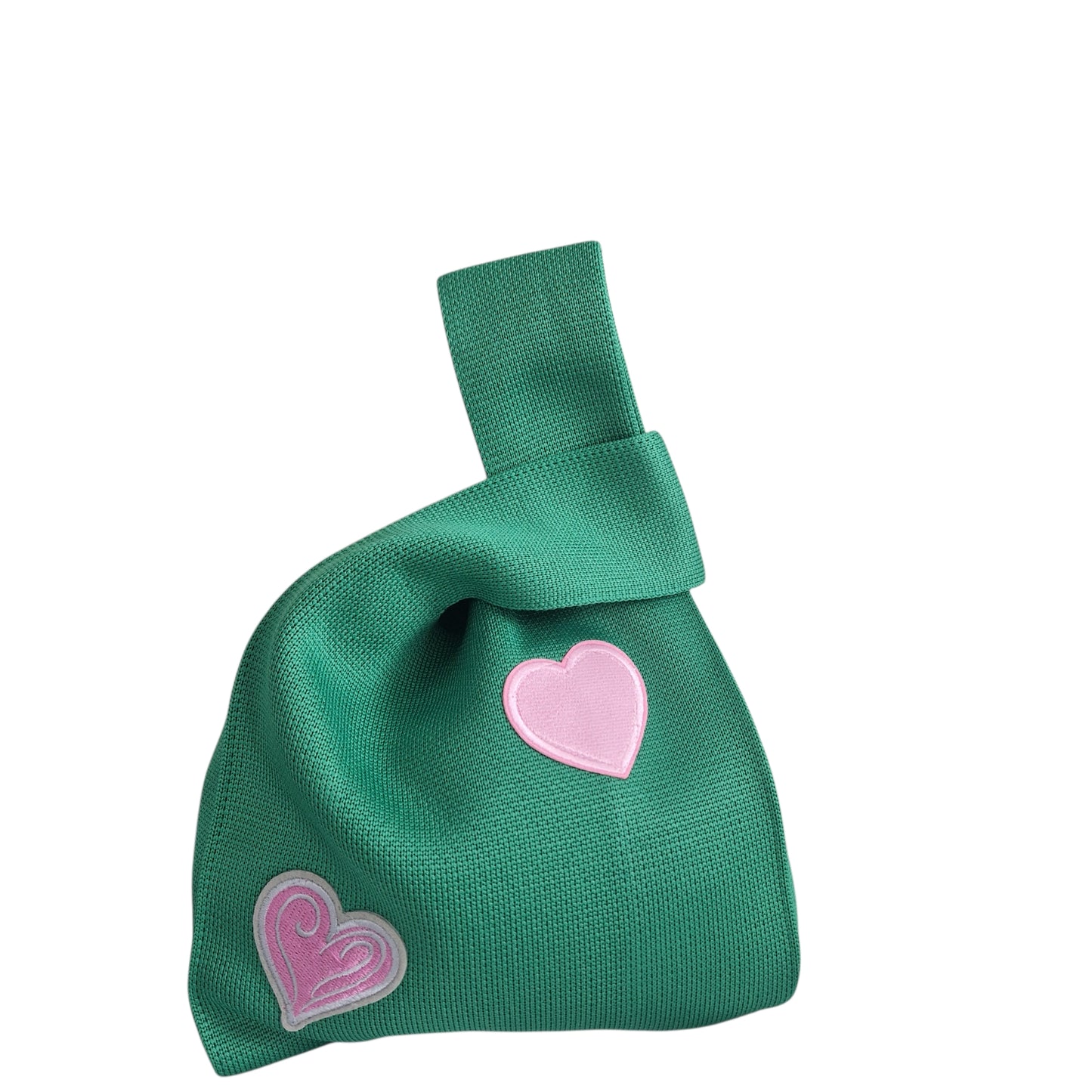 Knot wrist bag in green with pink heart applique and small heart accents