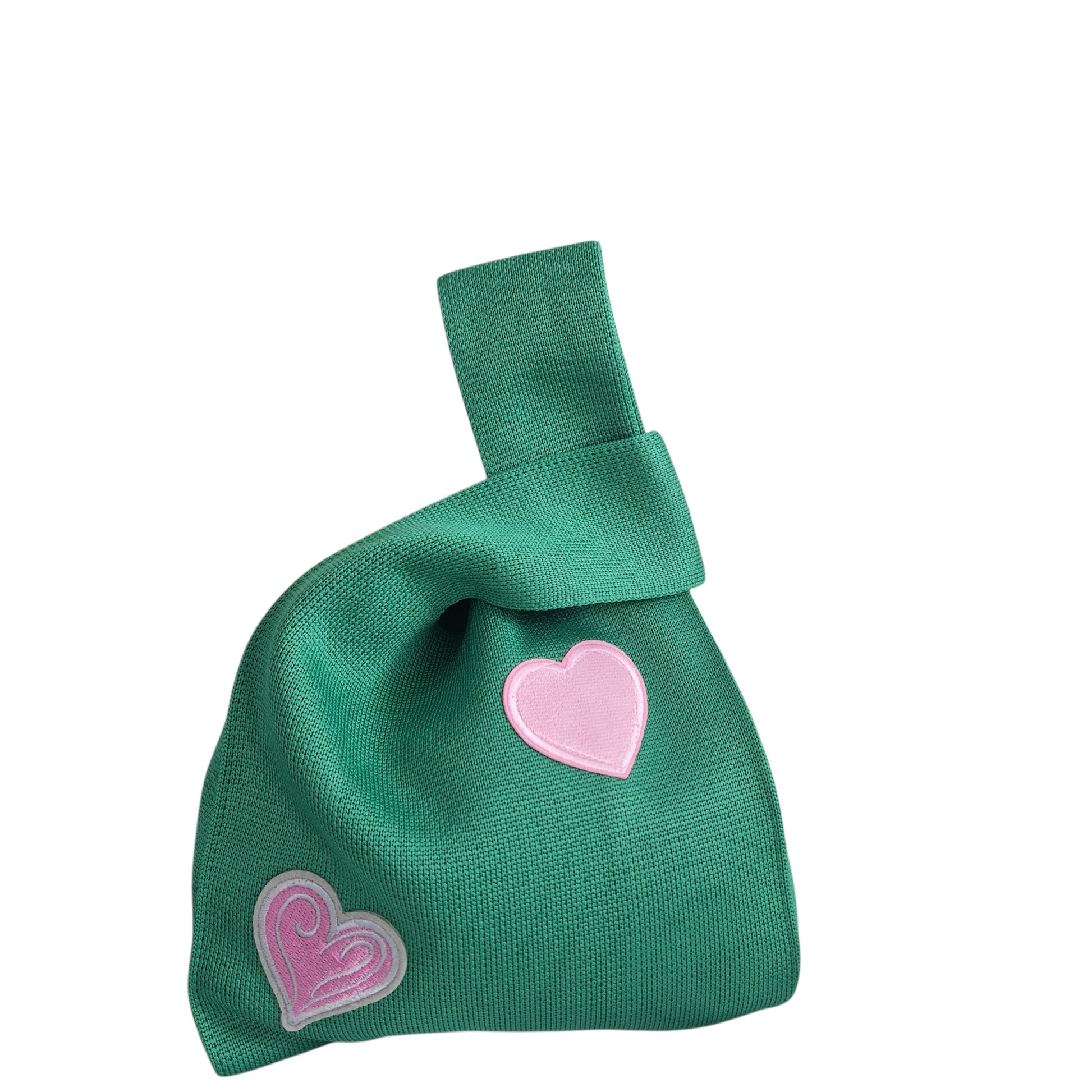 Knot wrist bag in green with pink heart applique and small heart accents