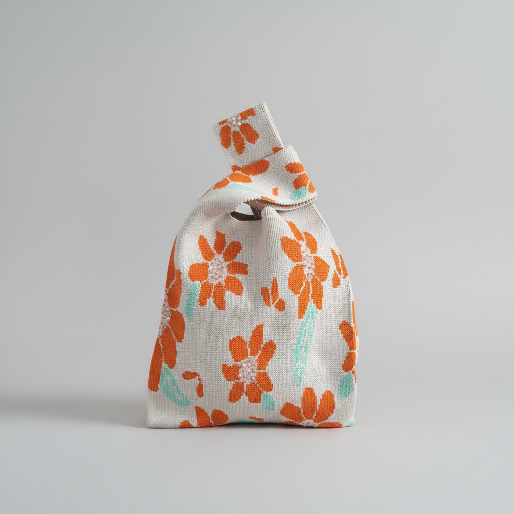 White knot wrist bag with orange floral print and stitched trim