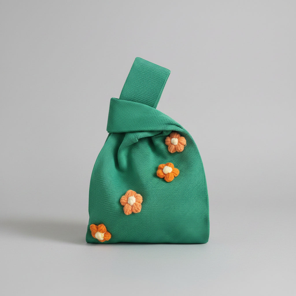 Knot wrist bag in green with orange flower appliques and knotted handle.