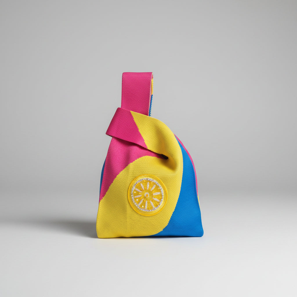 Multicolor knot wrist bag with yellow circular emblem and curved applique panels