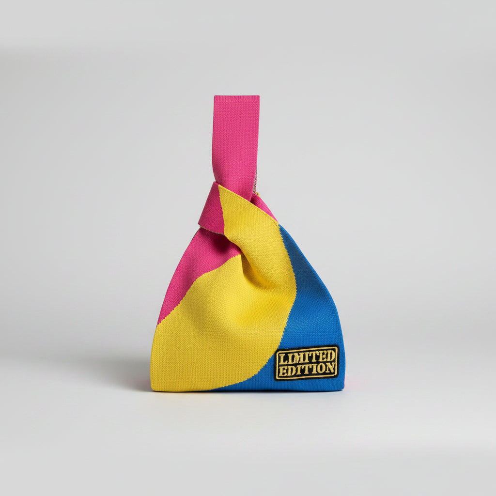 Knot wrist bag with pink, yellow, and blue panels and a 'LIMITED EDITION' patch.