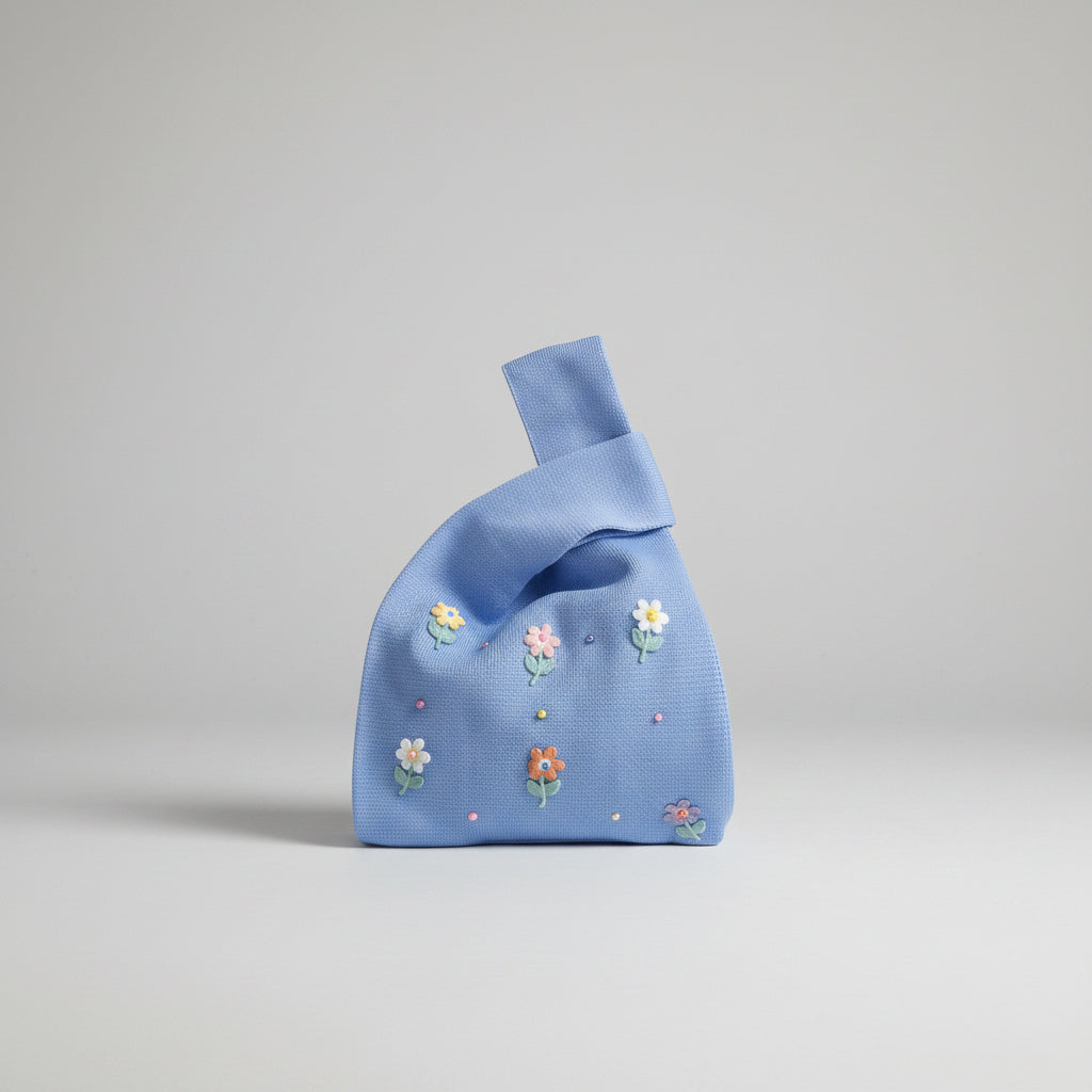 Blue embroidered knot wrist bag with small flower embellishments