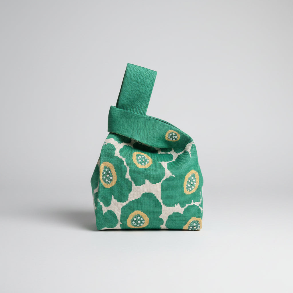 Knot wrist bag in green with patterned floral embroidery and knotted handle.