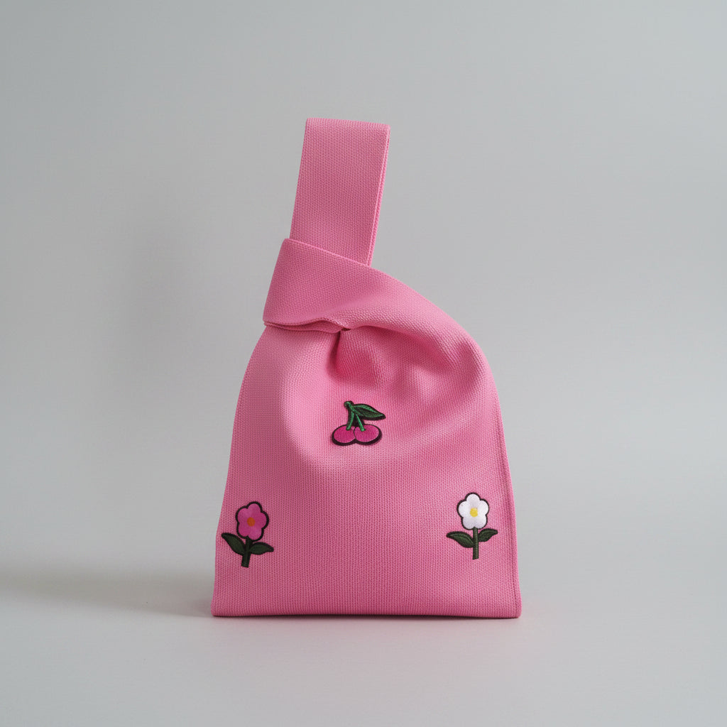 Knot wrist bag in pink with small flower icons and knotted top handle.