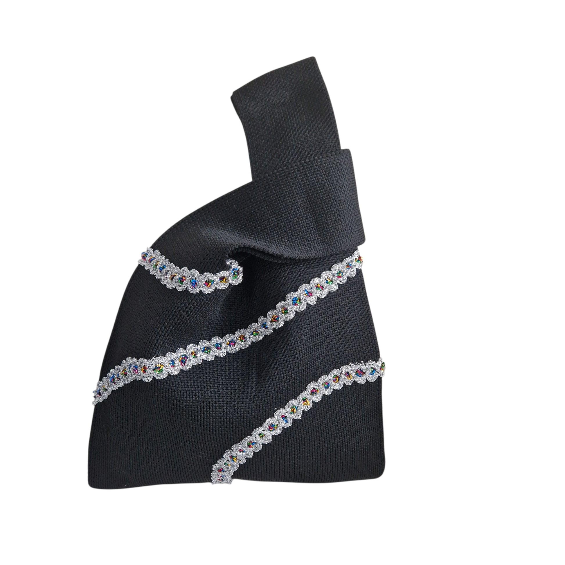 Black knot wrist bag with multicolor beaded trim and striped detail