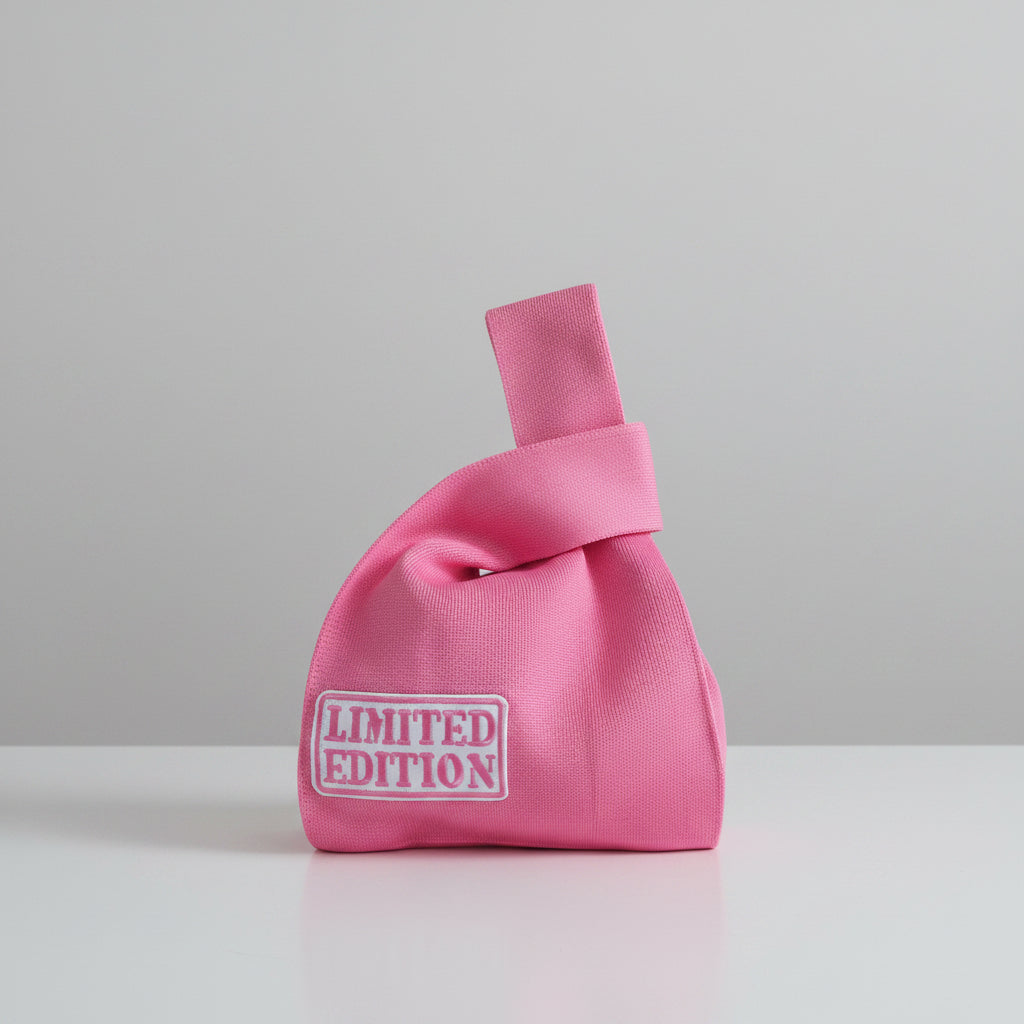 Knot wrist bag in pink with ribbon tie and “Limited Edition” patch