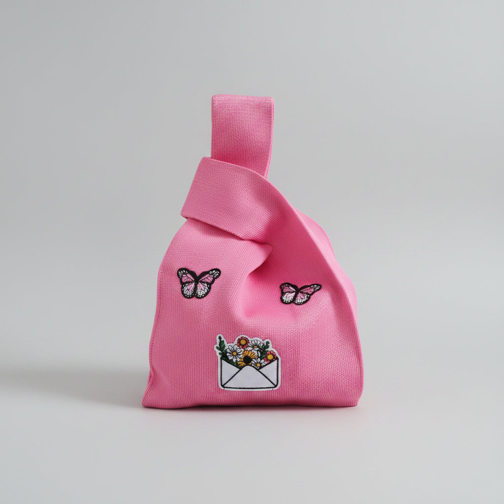 Knot wrist bag in pink with butterfly applique and envelope charm detail