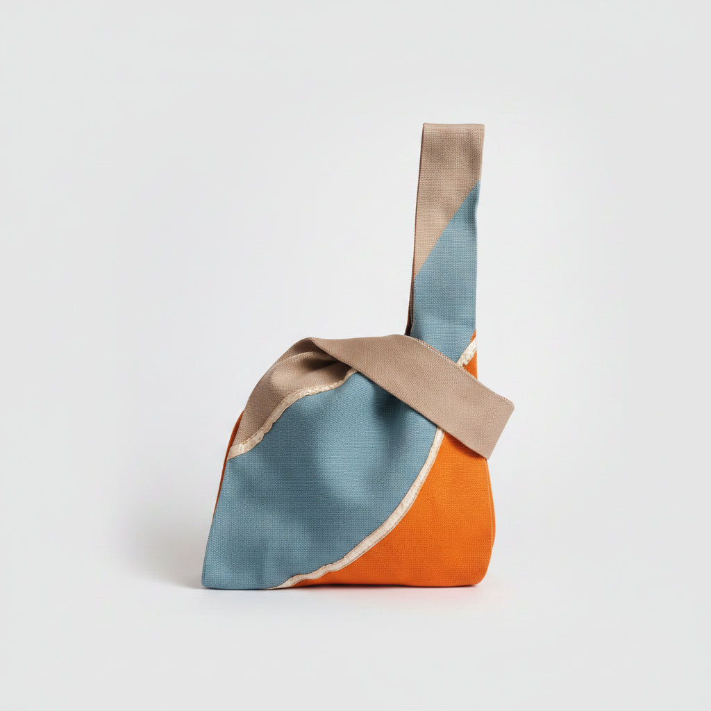 Orange and blue knot wrist bag with beige trim and satin-like panels