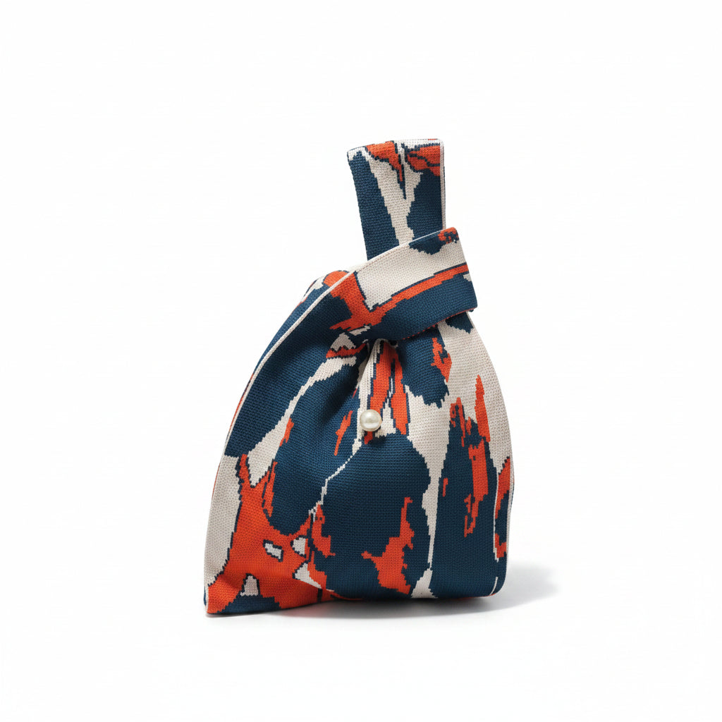 Cream knot wrist bag with navy and orange abstract print and fabric loop