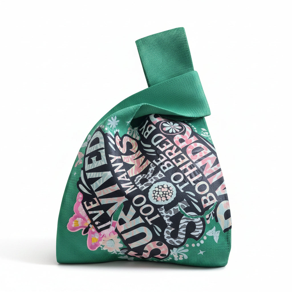 Green knot wrist bag with bold black-and-pink embroidered design and top loop