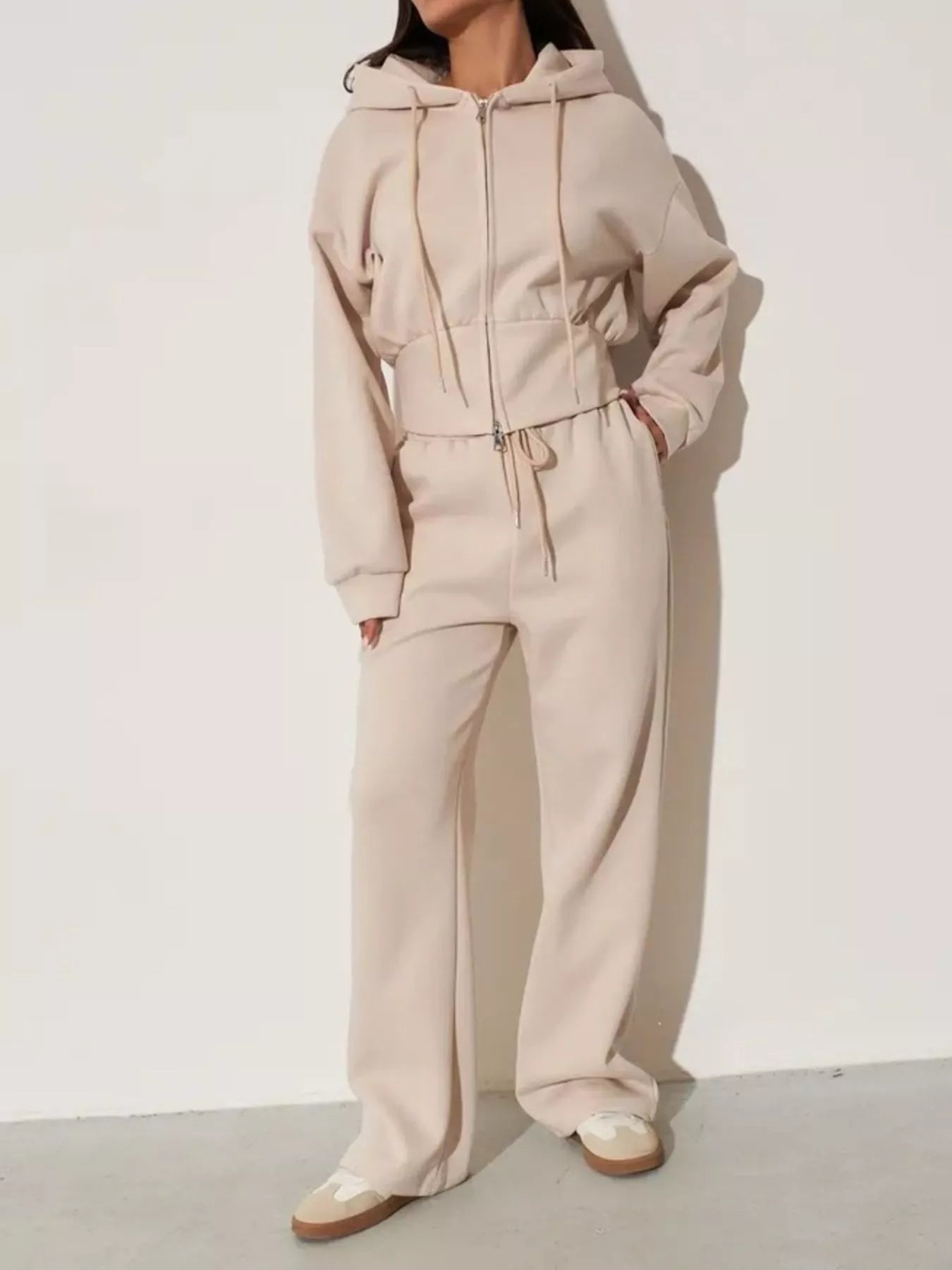 Light apricot zip-up hoodie and wide-leg pants set, adjustable hood, relaxed fit