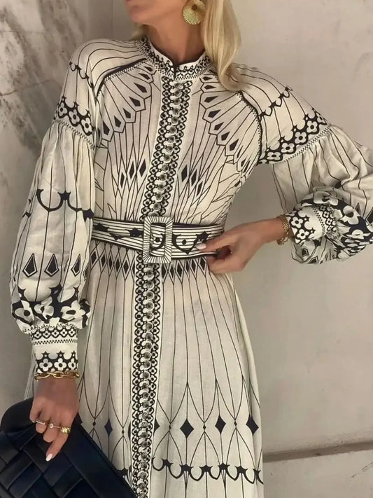 Printed long sleeve shirt dress with belt, beige with black geometric border print