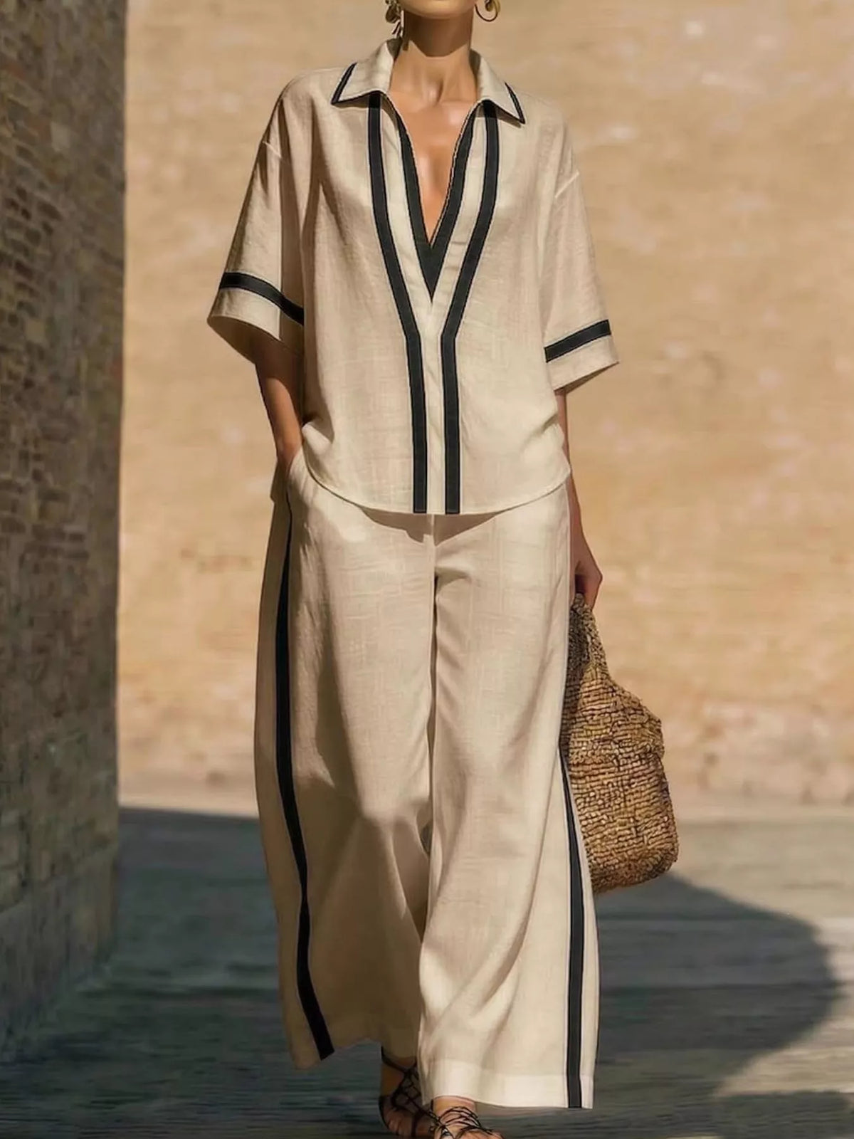 Plus-size contrast-trim top and pants set, khaki with black-and-light trim V-neck detail