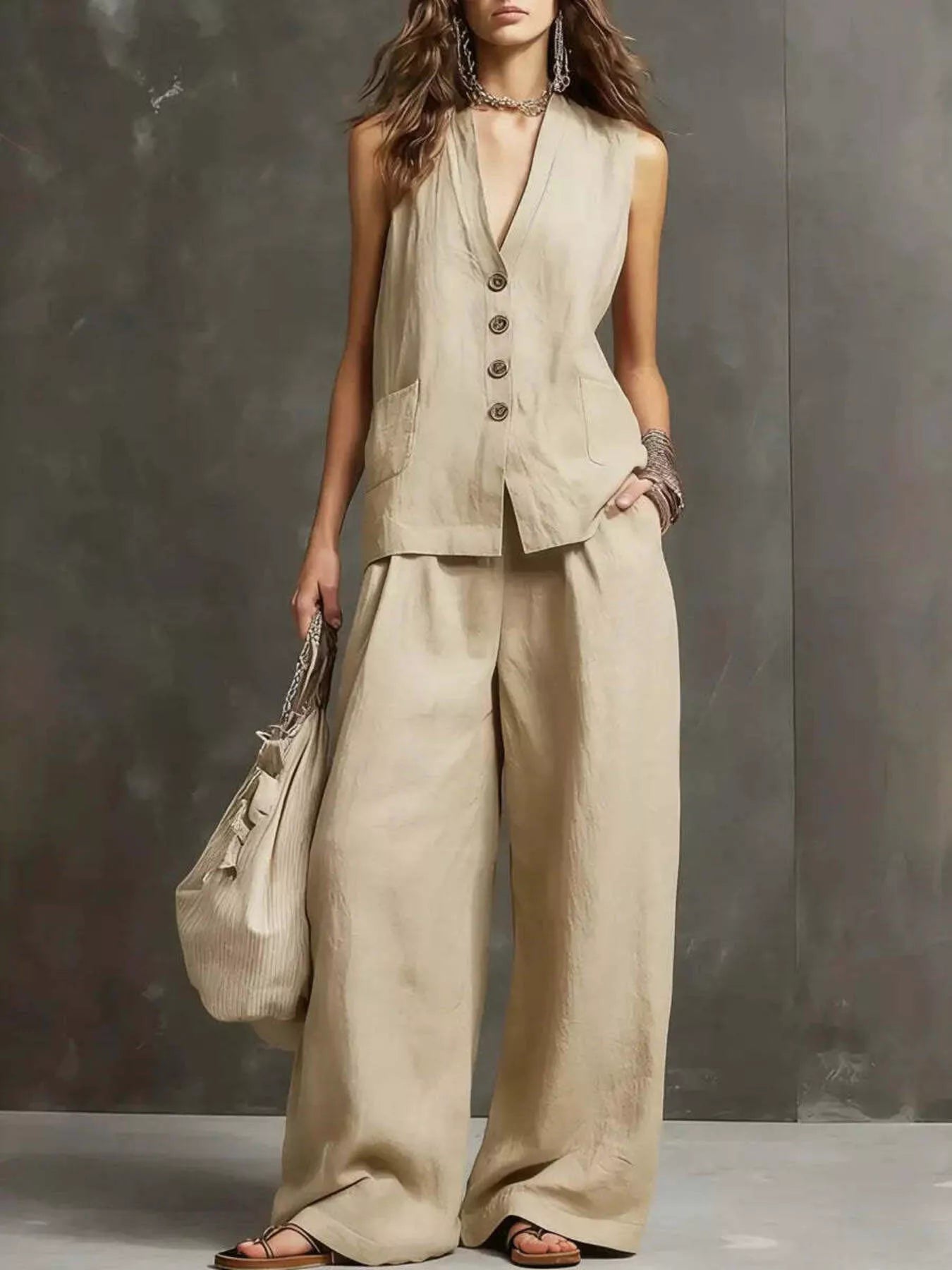 Cream sleeveless vest and wide-leg pants set with button-front vest