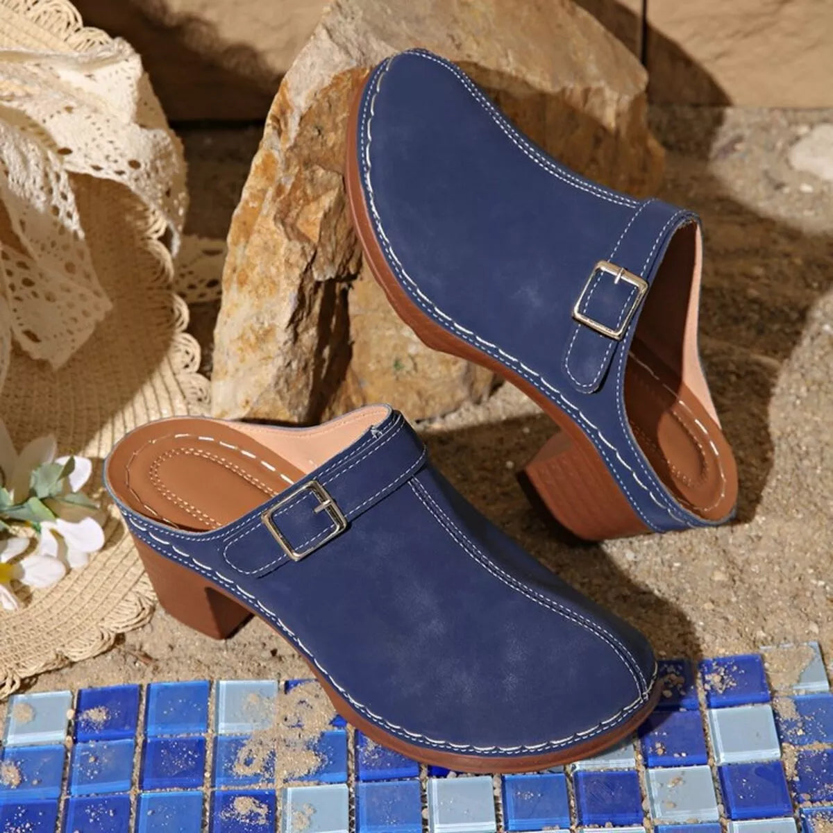 Blue suede-look heeled ankle sandals with side buckle strap and chunky block heel