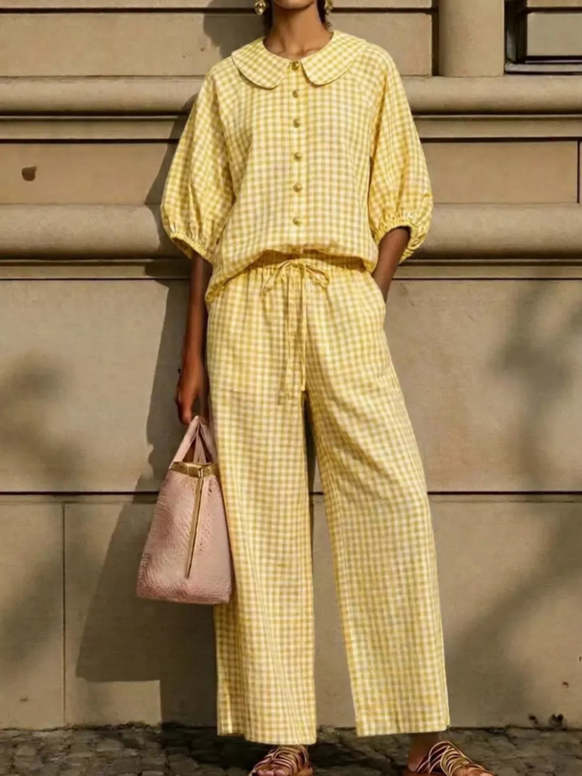Plaid shirt and pants set in yellow check, collared button-up blouse with puff sleeves, tied waist
