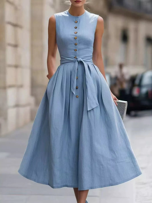 Sea blue sleeveless button-front belted midi dress with gathered skirt and tie waist